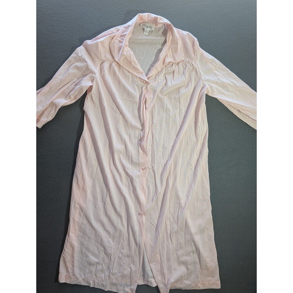 Vanity Fair Womens Small Pink Nylon Robe Lace Trim Button Front Dressing Gown